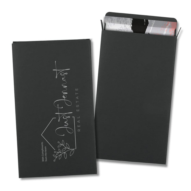 A black gift card holder with a seal, featuring a minimalist logo on the front. The back is plain.