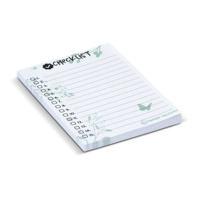 A recycled sticky pad in white with green floral designs, featuring 50 sheets and a checklist format.