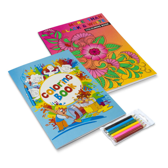 A4 colouring books featuring vibrant covers in blue and orange, accompanied by a set of coloured markers.