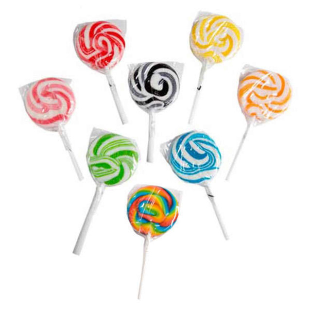 Mixed colours of medium candy lollipops in a variety of swirled patterns, each individually wrapped with a branded sticker.