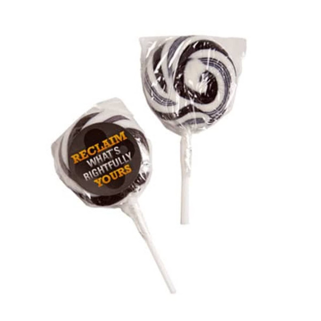 Medium black and white candy lollipops wrapped in clear packaging, featuring a logo.