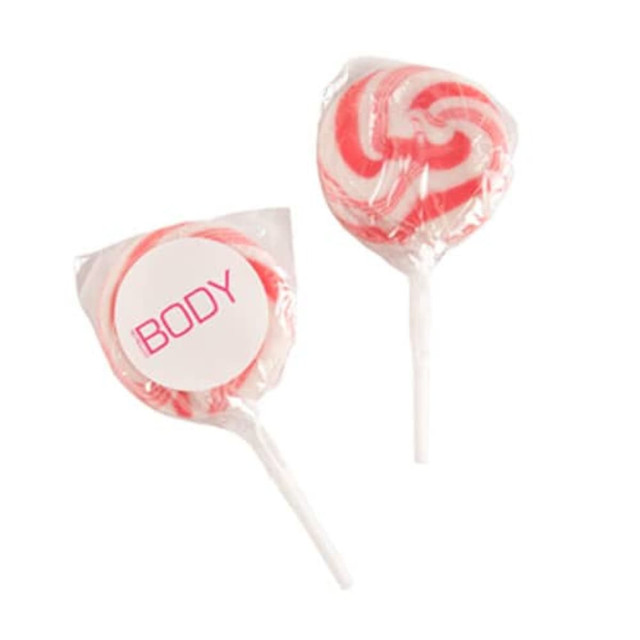 Medium pink and white candy lollipops wrapped in clear plastic with a round label, featuring a logo.