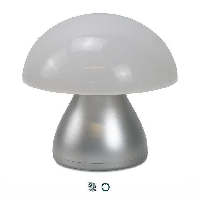 A Portobello Table Lamp featuring a frosted white dome and a silver base, with a modern, mushroom-like design.