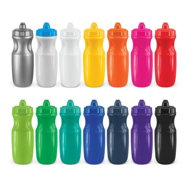 A range of drink bottles in silver, white, yellow, orange, pink, green, teal, blue, and navy, with various caps and a logo.