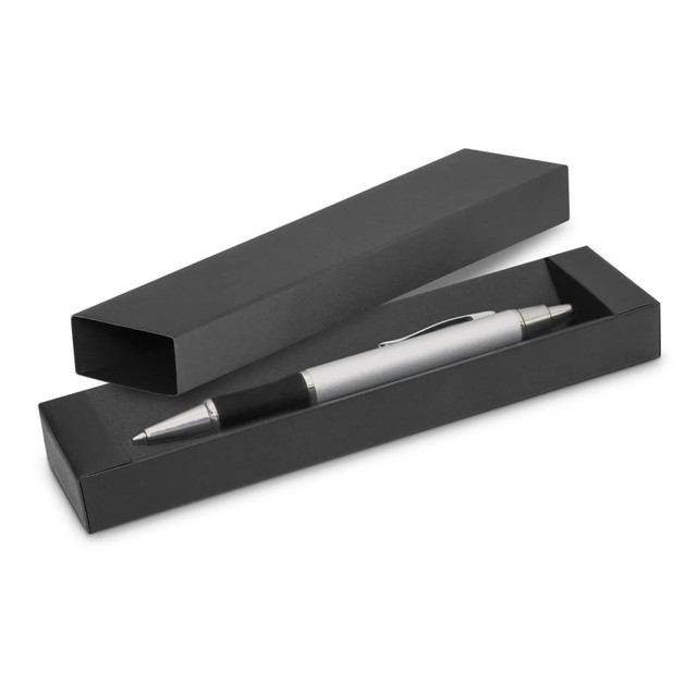 A sleek black wedge gift box containing a silver pen with a black grip. The box is open, showcasing the pen inside.