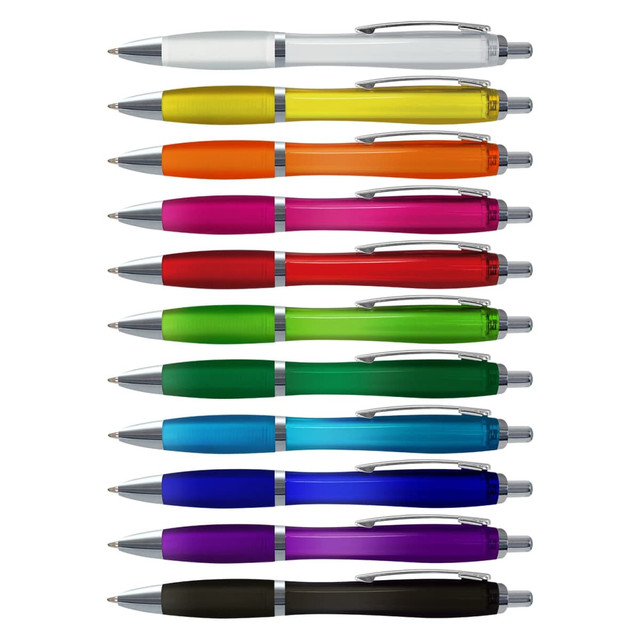 A collection of translucent plastic pens in various colours, including white, yellow, orange, pink, red, green, blue, and black, with silver accents.
