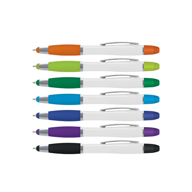A array of plastic pens in orange, green, blue, teal, purple, and black, with chrome accents and branding.