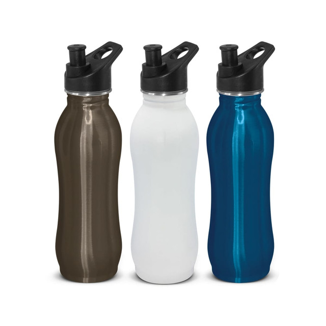 A drink bottle set featuring three colours: dark grey, white, and blue, each with a black spout and lid.