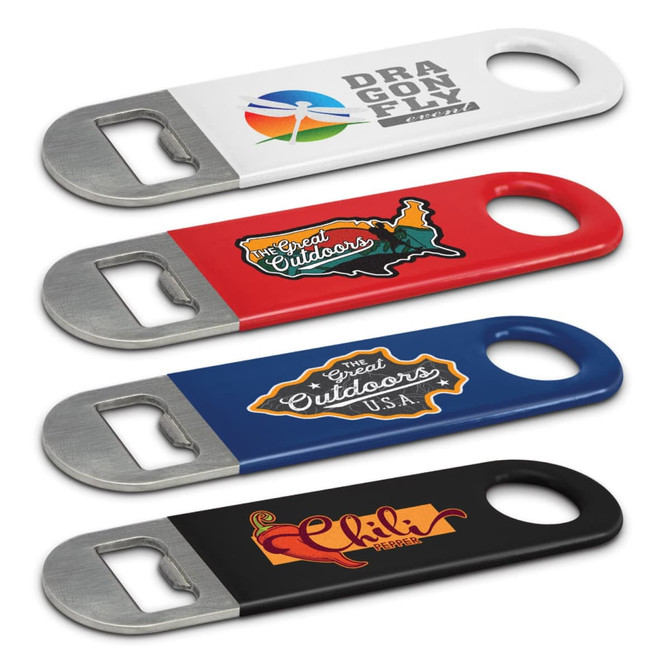 A drink bottle opener collection featuring four designs in white, red, blue, and black, with logos on each.