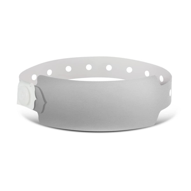 A grey plastic event wristband with a smooth surface and circular cut-outs for adjustment, featuring a logo.