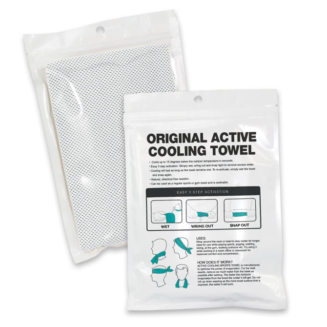 A cooling towel packaged in a resealable pouch, featuring instructions for activation on the back.