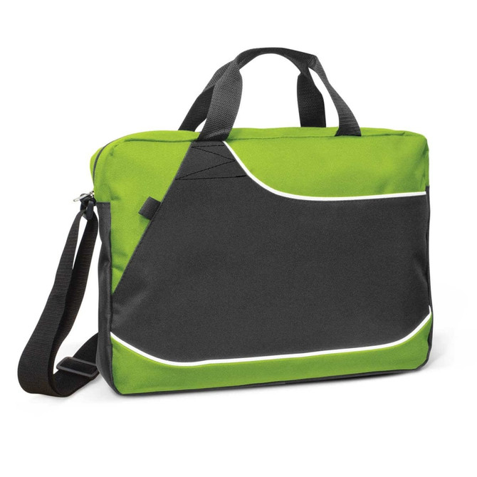 A green and black conference satchel with a shoulder strap and handles, featuring a logo on the side.