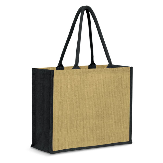 A jute tote bag in natural and black colours with long handles and a simple design. It features a branding logo.