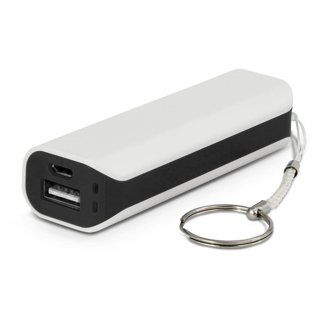 A white and black power bank with a keyring attachment and multiple USB ports. It has a sleek, rectangular design.