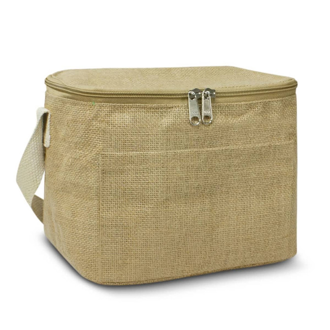 A tan jute cooler bag with a zip closure and a shoulder strap, featuring a front pocket and a logo.