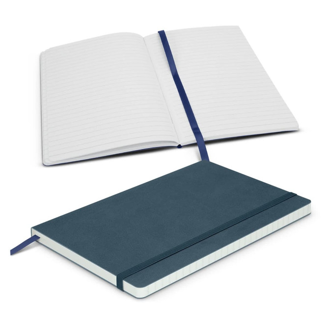 A dark teal notebook with lined pages, featuring a ribbon bookmark and a contrasting cream base. It has a logo on the cover.