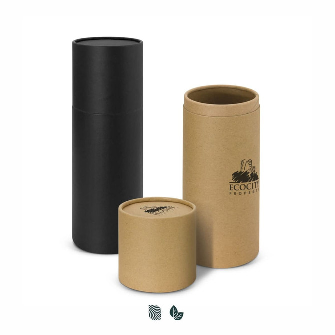 A drink bottle gift tube set in black and brown, featuring various sizes and a logo on one tube.