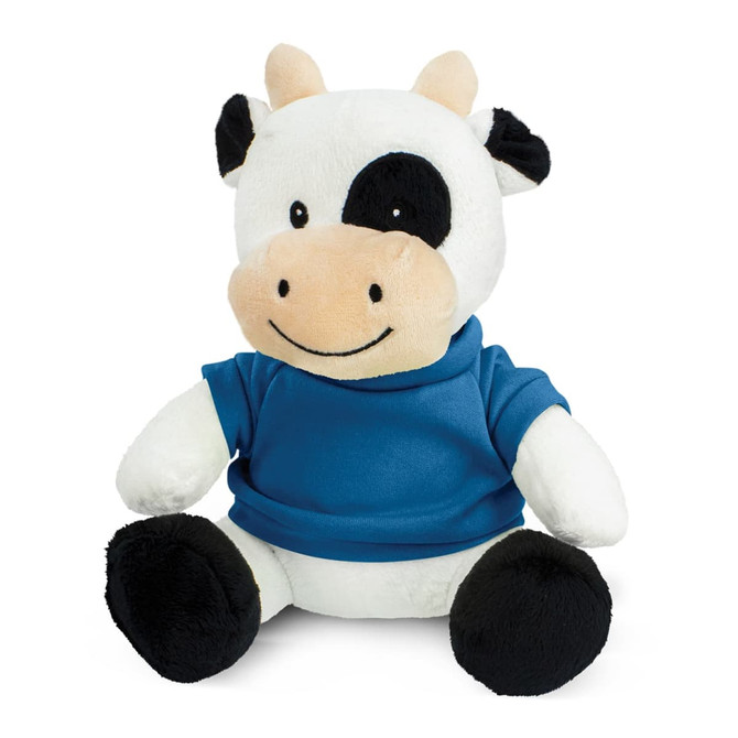 A plush cow toy with black and white fur, wearing a blue shirt. It has a smiling face and black hooves.