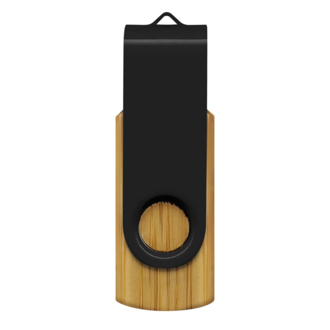 A bamboo flash drive with a black top and a circular loop for attachment. It features a logo on the surface.