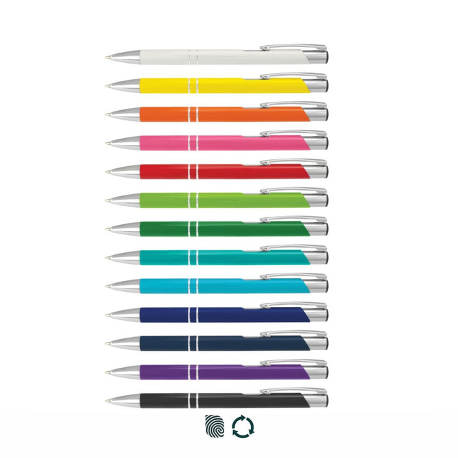 A collection of metal pens in various colours, including white, orange, pink, green, blue, and purple, each with a silver clip.