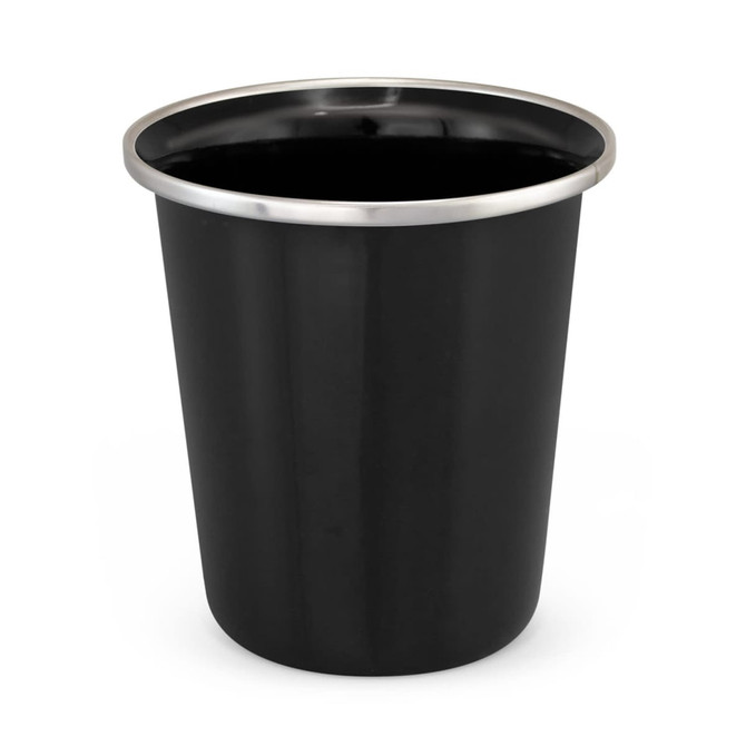 A drink tumbler in black with a stainless steel rim, featuring a branded logo. Ideal for beverages.