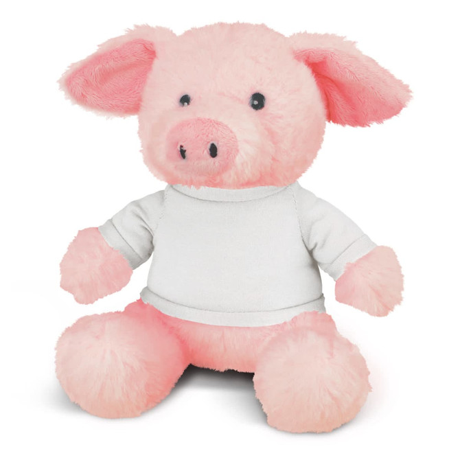 A pink plush pig toy wearing a white shirt, sitting upright with soft, fluffy ears and a round face.