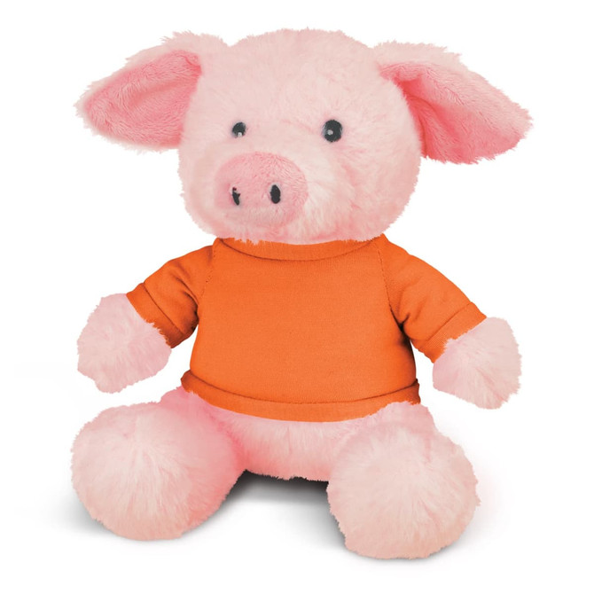 A pink pig plush toy wearing an orange shirt, featuring black button eyes and soft, fluffy ears.