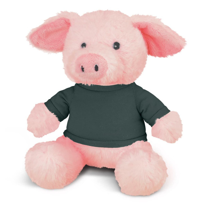A pink pig plush toy wearing a dark green shirt, featuring soft fur and small, round features.