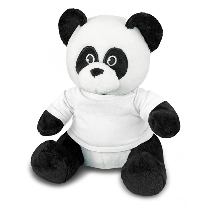 A plush panda toy with black and white fur, wearing a white shirt and featuring a logo on its chest.