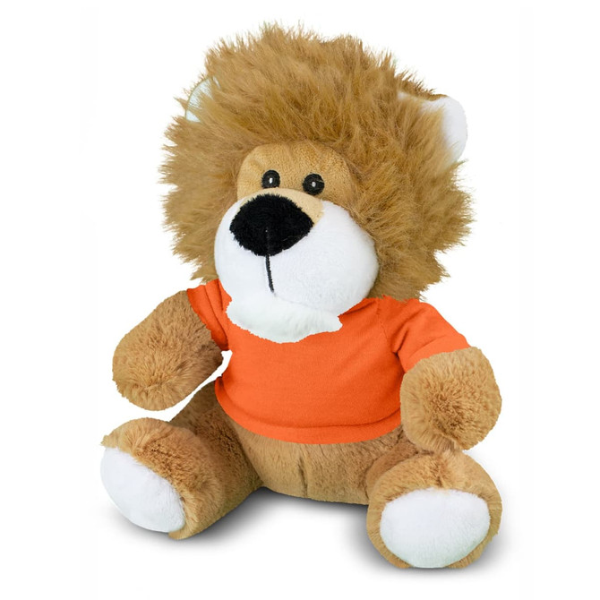 A lion plush toy with a fluffy mane and an orange T-shirt, featuring a soft brown body and white paws.