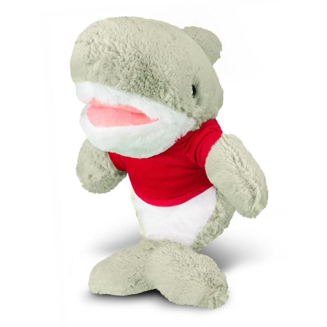 A grey plush shark toy wearing a red t-shirt, standing upright against a white background.