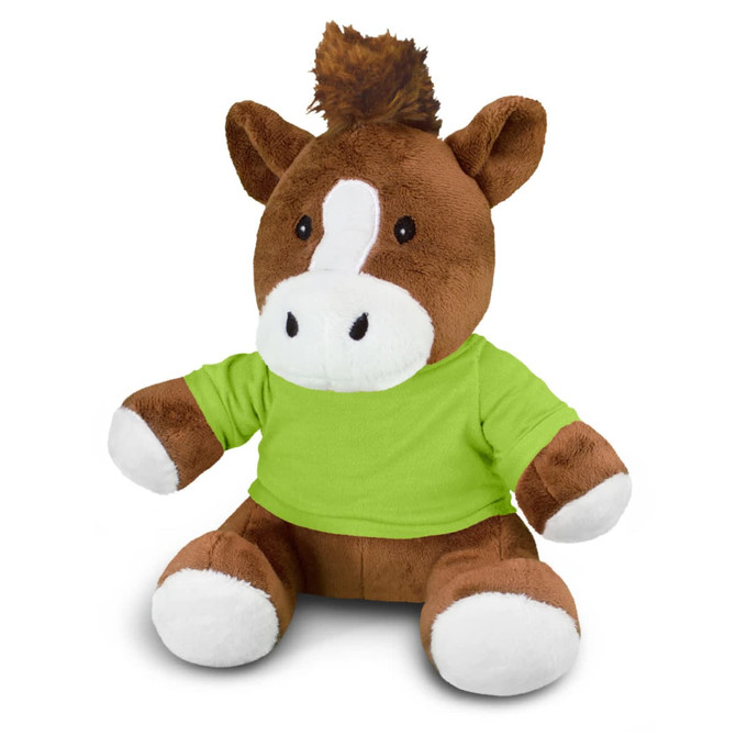 A brown plush horse toy with a white snout and hooves, wearing a green shirt. It has a tufted brown mane.
