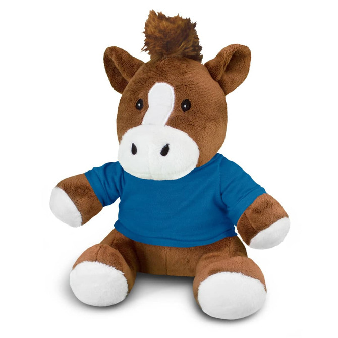 A brown horse plush toy wearing a blue shirt, featuring white accents on its hooves and snout.