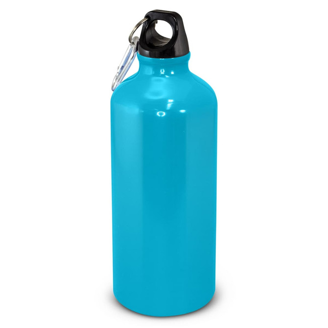 A drink bottle in bright turquoise with a black cap and a carabiner clip at the top.