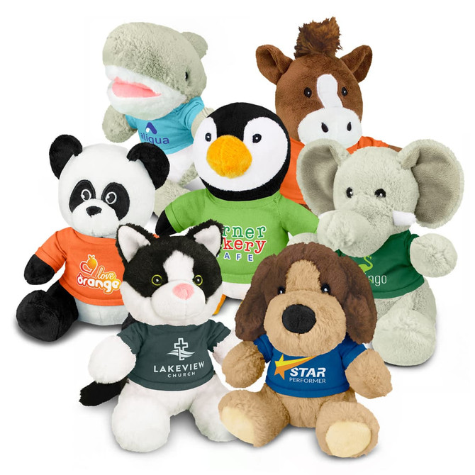 A variety of assorted plush toys including a panda, elephant, dog, and horse in different colours and shirts.