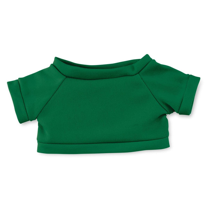 A green plush toy shirt with short sleeves and a rounded neckline. Features a simple, casual design.