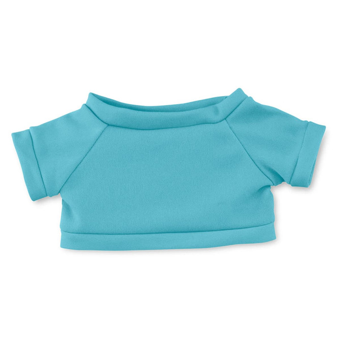 A turquoise plush toy top, featuring short sleeves and a rounded neckline, laid flat against a white background.