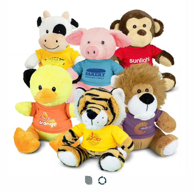 A collection of assorted plush toys featuring a cow, pig, duck, monkey, tiger, and lion, each wearing colourful shirts.