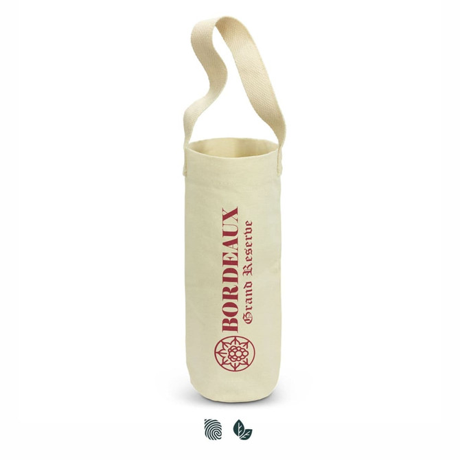A cream cotton wine tote bag with a shoulder strap and a logo. It features a cylindrical shape for holding bottles.