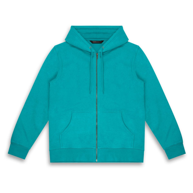 A turquoise unisex hoodie featuring a front zipper, drawstring hood, and front pockets. It includes a logo.