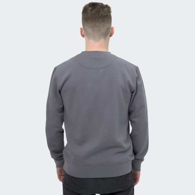A unisex sweatshirt in grey, featuring a classic design and a branding logo on the back.