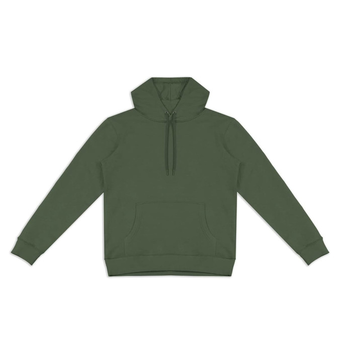 A unisex hoodie in olive green with a front pocket and a hood, featuring a brand logo.