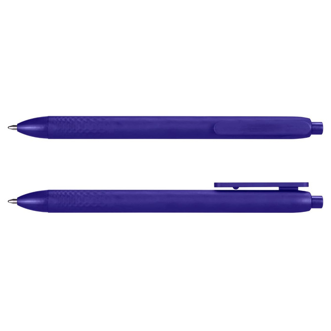 A purple pen with a textured grip and a clip, featuring a sleek design and a branding logo.