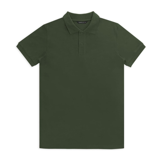 A green polo shirt with a classic collar and short sleeves, featuring a logo on the chest.
