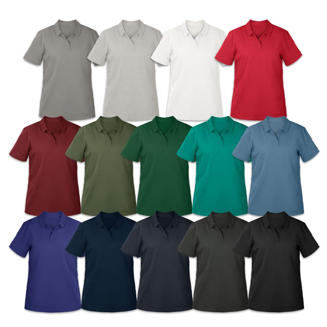 A collection of women's polo shirts in various colours, including grey, white, red, green, navy, and black.