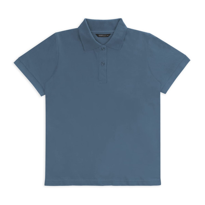A blue women's polo shirt with a collar and three-button placket. The shirt has a logo on the chest.