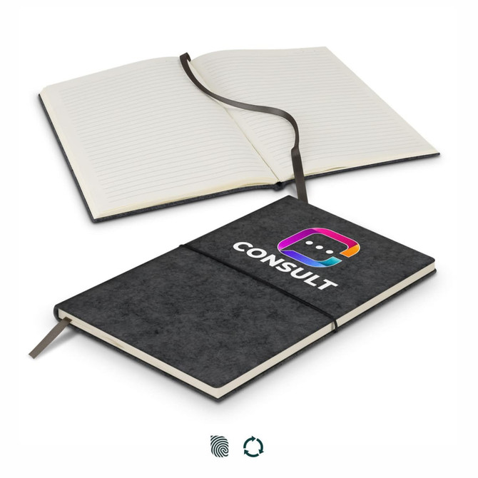 A black RPET felt soft cover notebook with a ribbon bookmark, featuring a logo on the front and blank pages inside.
