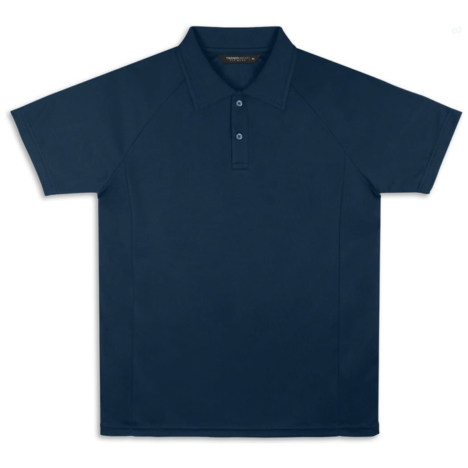 A navy blue polo shirt featuring a collar and a logo. The shirt has short sleeves and a classic fit.