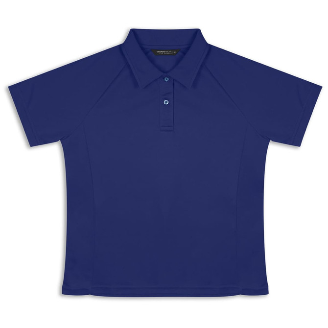 A navy blue women's polo shirt with a collar and short sleeves, featuring a logo on the chest.