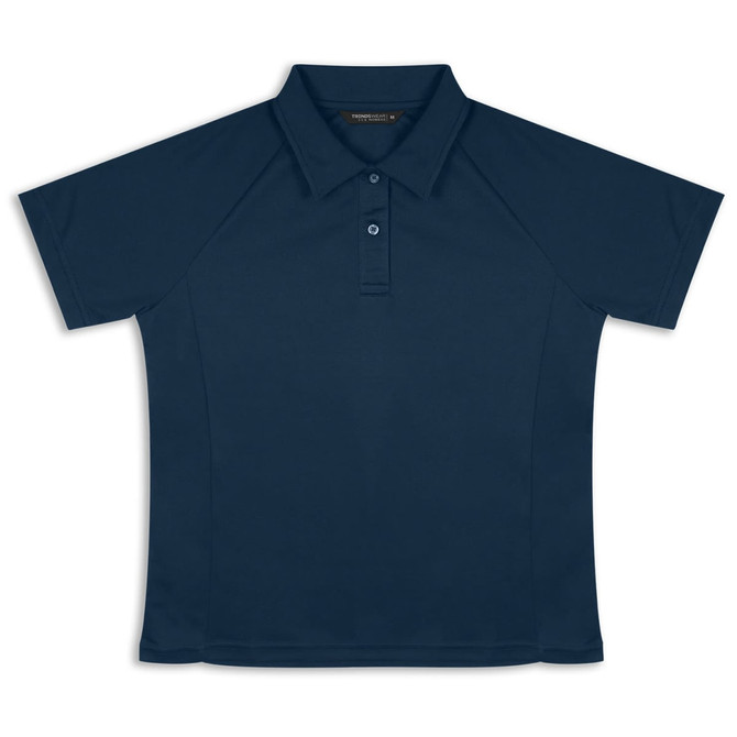 A navy blue women's polo shirt with short sleeves and a collar, featuring a logo.